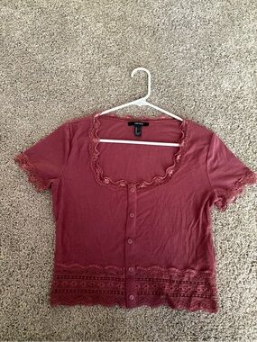 Forever 21 Dusty Rose Button-Front Lace Trim Top